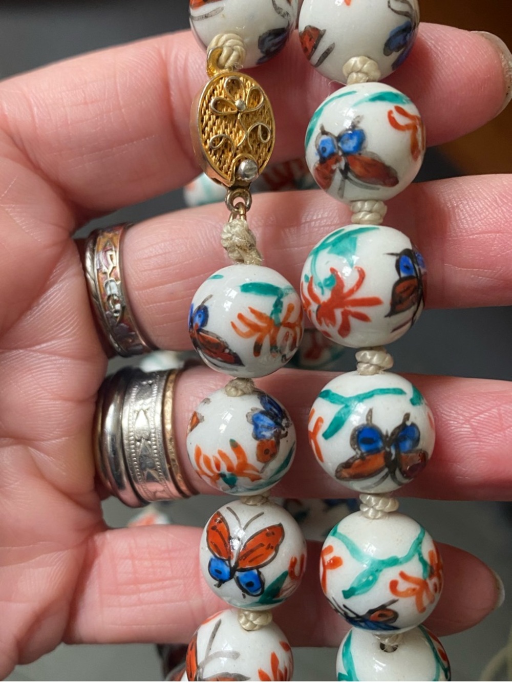 Vintage porcelain Chinese export butterfly bead knotted necklace 22”